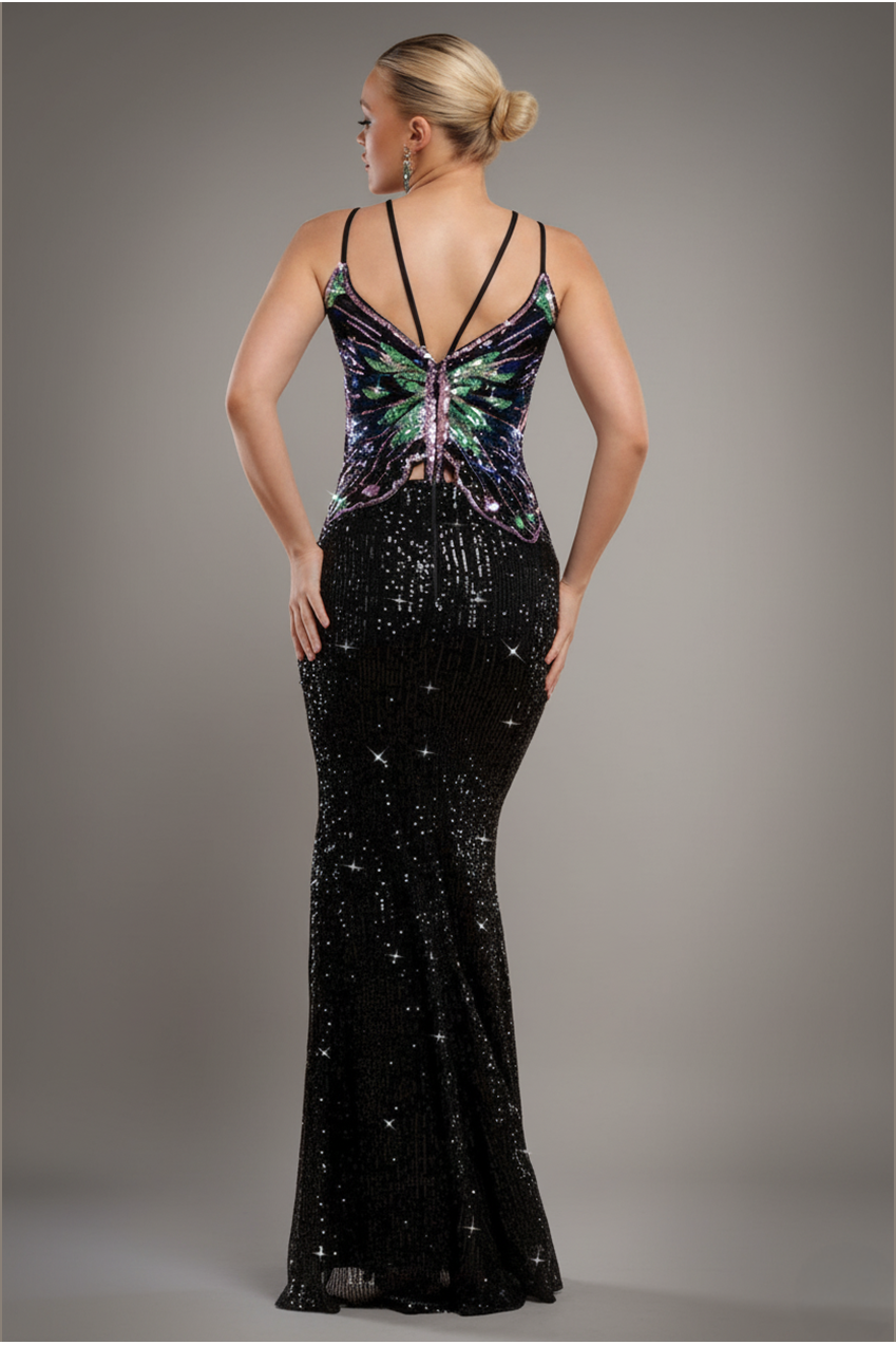 Goddiva Sequin Butterfly Front Split Maxi Dress - Black