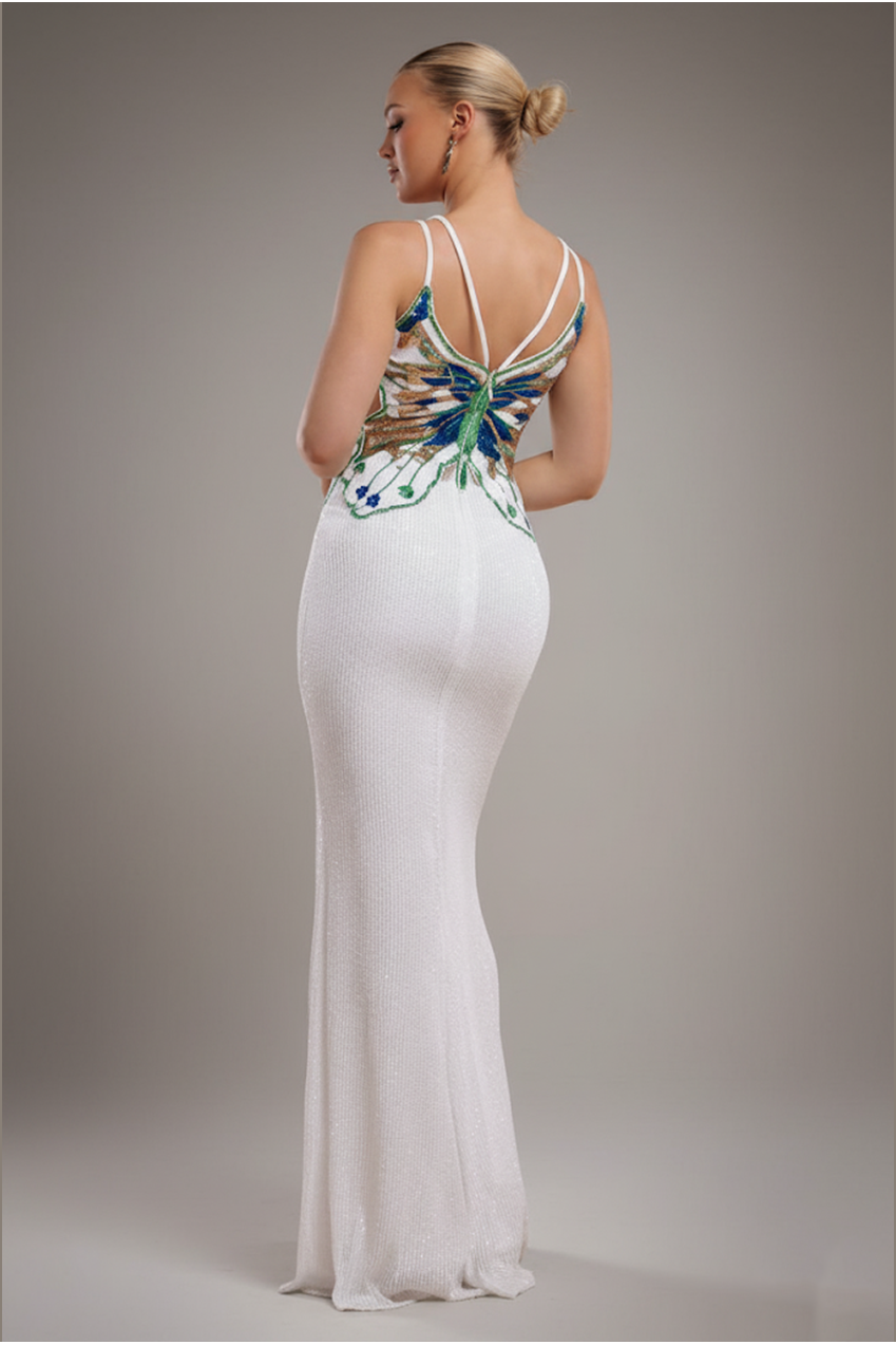 Goddiva Sequin Butterfly Front Split Maxi Dress - White