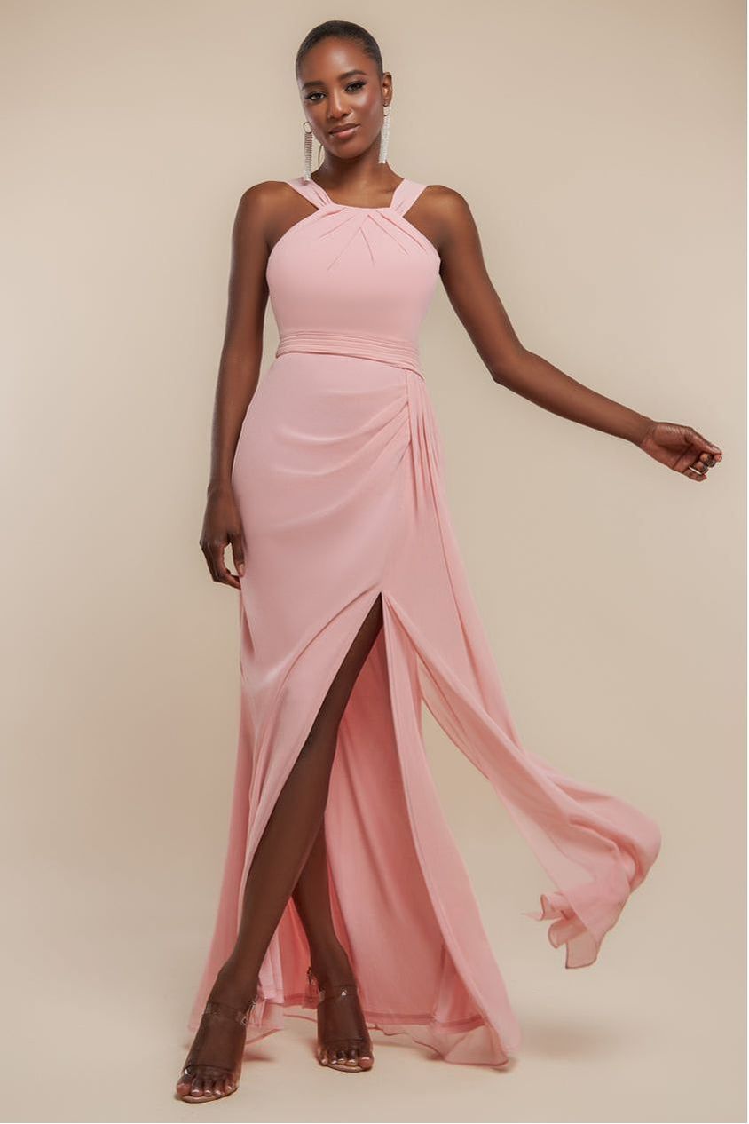 Goddiva Halterneck Thigh Split Chiffon Maxi Dress - Blush Pink