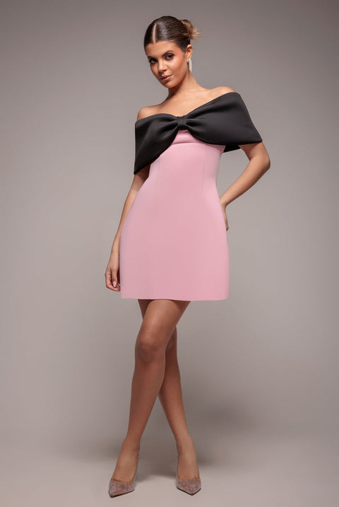 Goddiva Front Bow Off The Shoulder Mini Dress - Blush Black