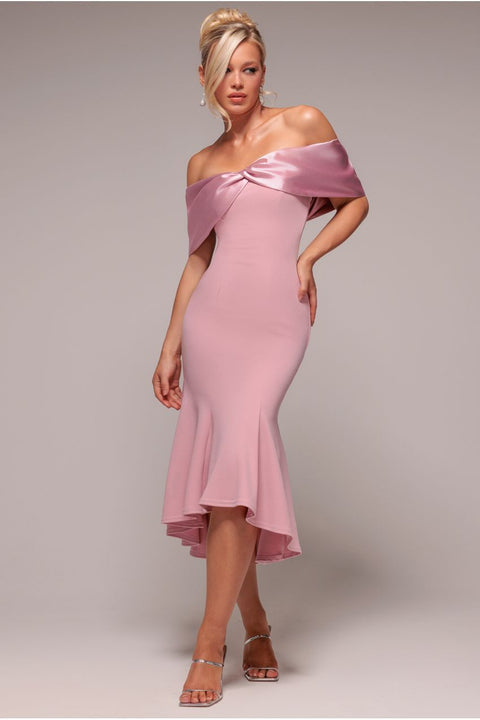 Goddiva Twist Knot Satin & Scuba Bardot High Low Midi Dress - Blush Pink