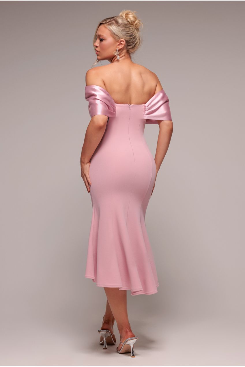 Goddiva Twist Knot Satin & Scuba Bardot High Low Midi Dress - Blush Pink