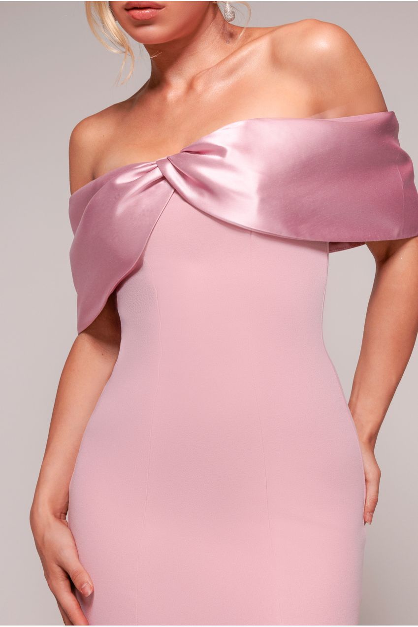 Goddiva Twist Knot Satin & Scuba Bardot High Low Midi Dress - Blush Pink