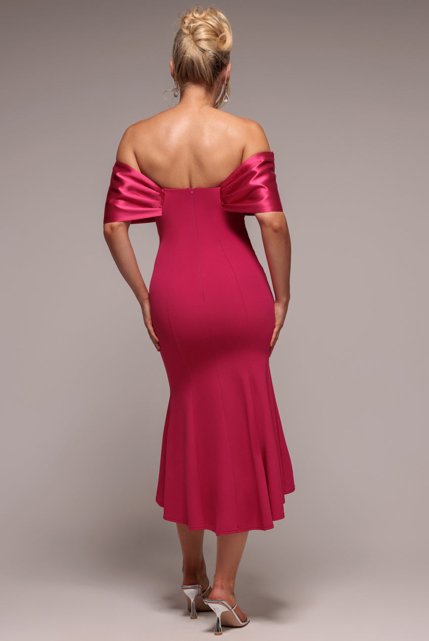 Goddiva Twist Knot Satin & Scuba Bardot High Low Midi Dress - Magenta