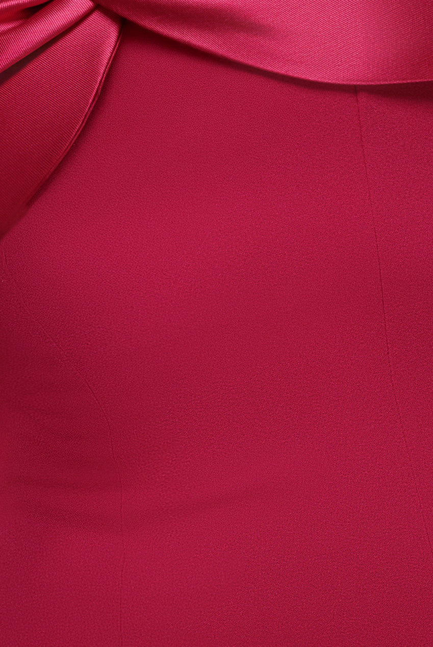 Goddiva Twist Knot Satin & Scuba Bardot High Low Midi Dress - Magenta