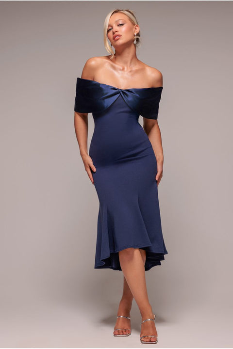 Goddiva Twist Knot Satin & Scuba Bardot High Low Midi Dress - Navy Blue