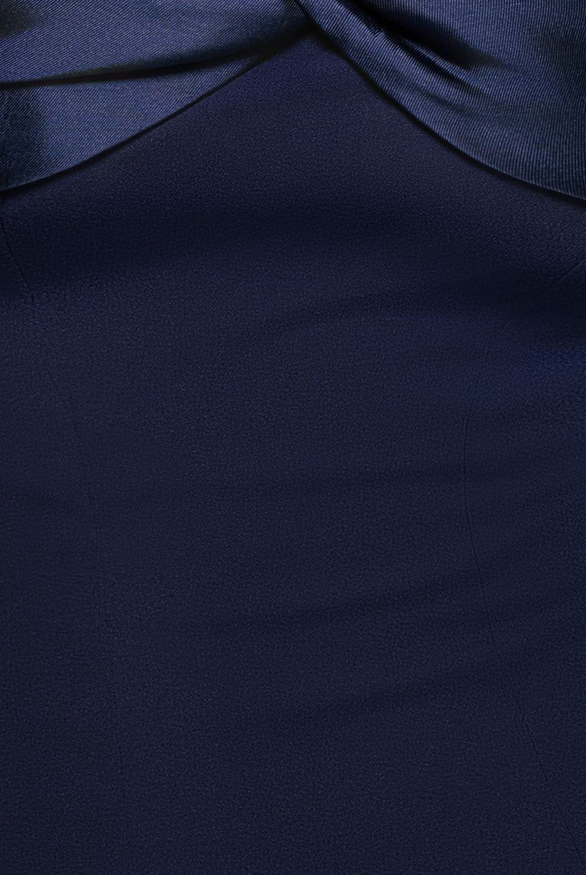 Goddiva Twist Knot Satin & Scuba Bardot High Low Midi Dress - Navy Blue