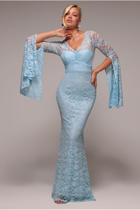Goddiva Cape Sleeve Lace Mermaid Hem Maxi Dress - Sky Blue