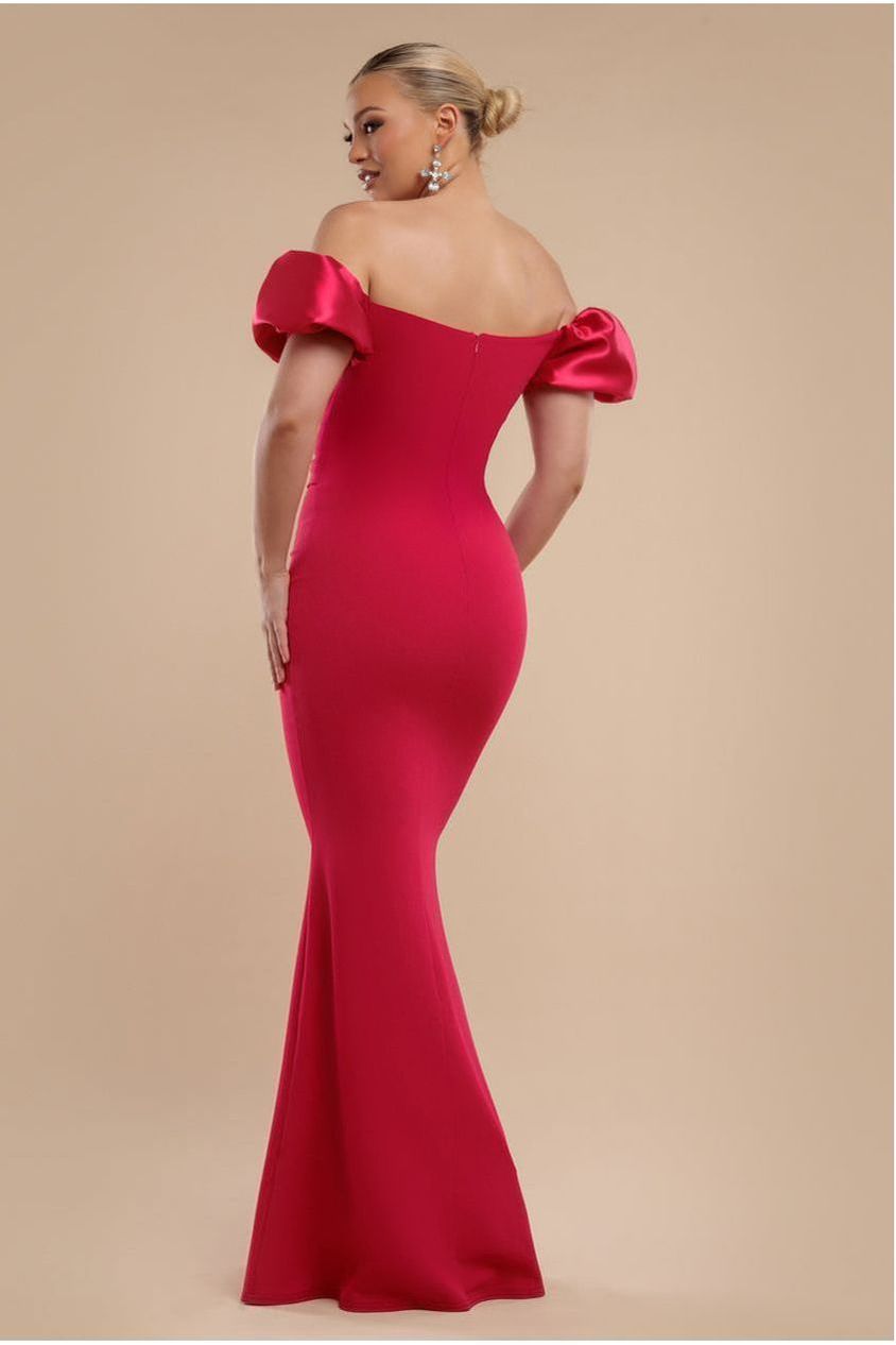 Goddiva Puffy Satin  Sleeve Scuba Maxi Dress - Magenta