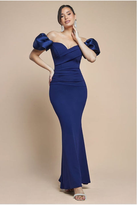Goddiva Puffy Satin Sleeve Scuba Maxi Dress - Navy Blue