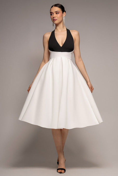 Goddiva Contrast Halter Neck Pleated A-Line Midaxi Dress - Black Cream