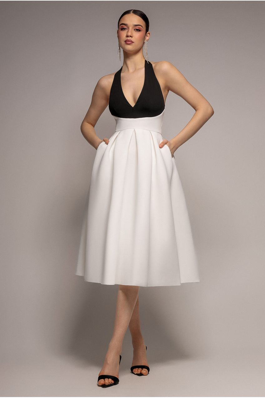 Goddiva Contrast Halter Neck Pleated A Line Midaxi Dress - Black Cream