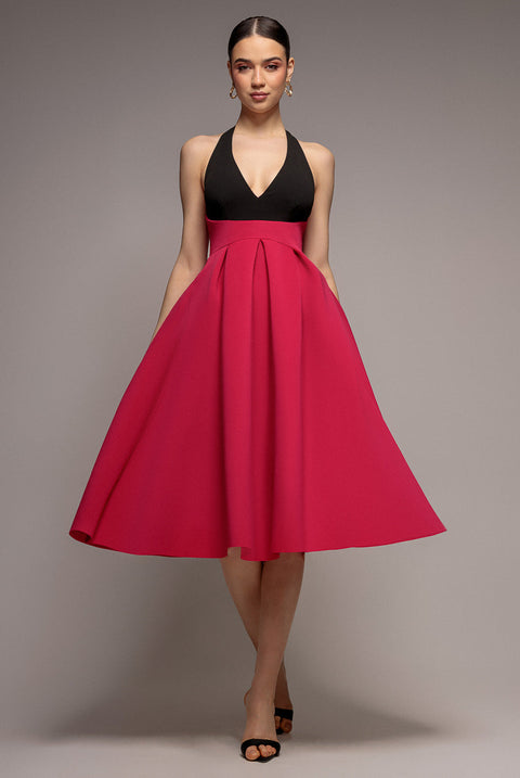 Goddiva Contrast Halter Neck Pleated A-Line Midaxi Dress - Black Magenta