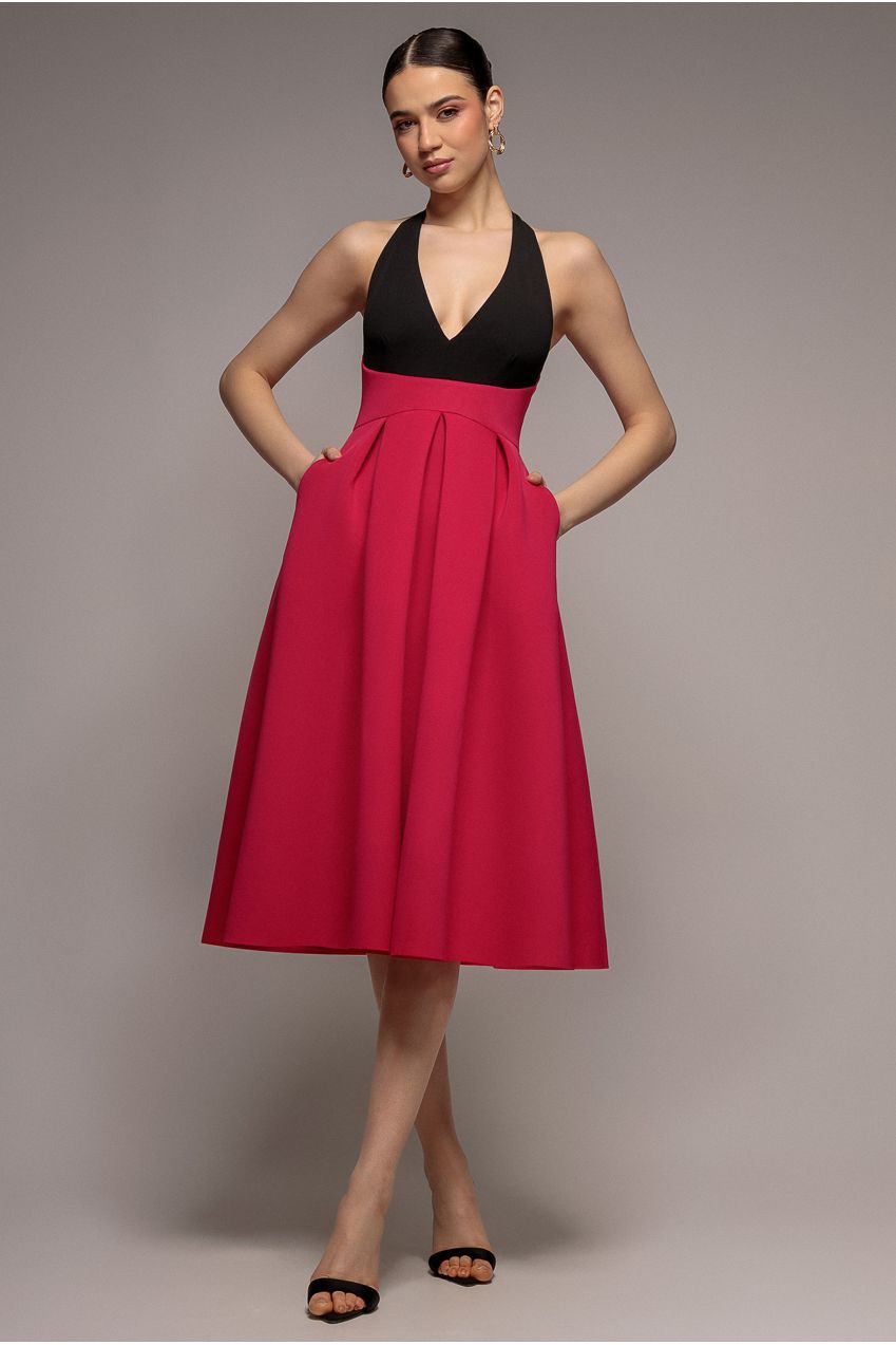 Goddiva Contrast Halter Neck Pleated A-Line Midaxi Dress - Black Magenta