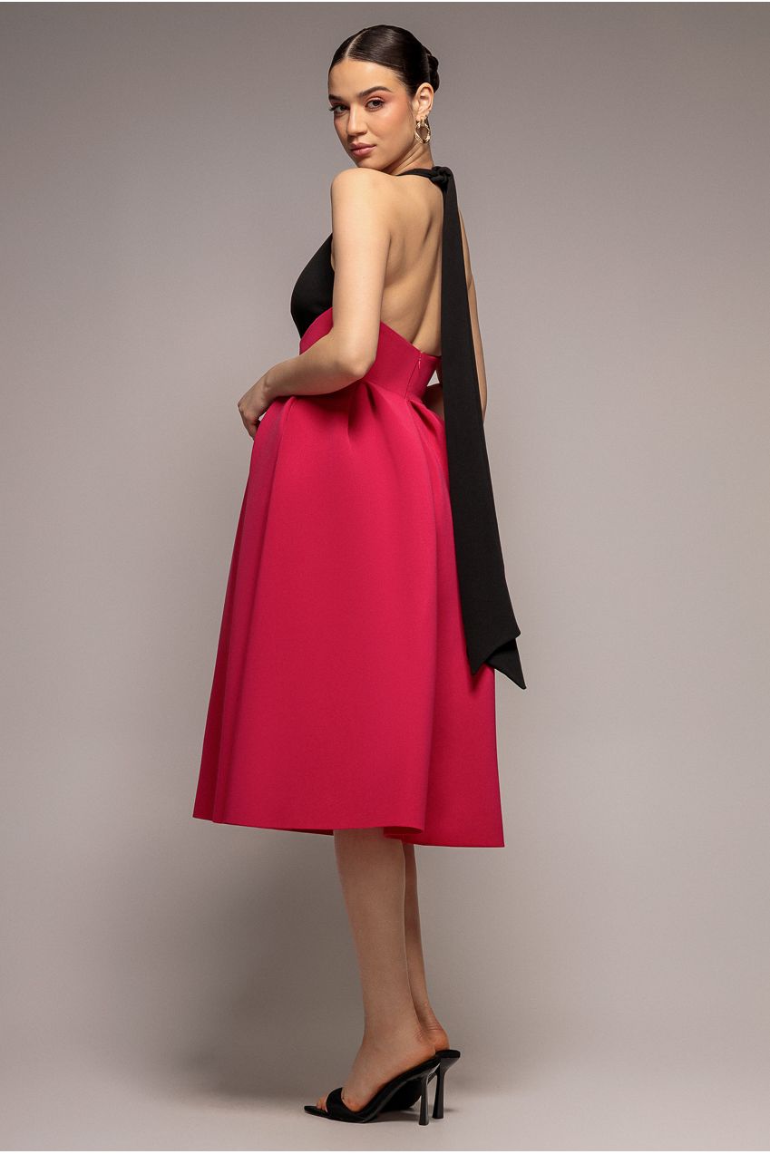 Goddiva Contrast Halter Neck Pleated A-Line Midaxi Dress - Black Magenta