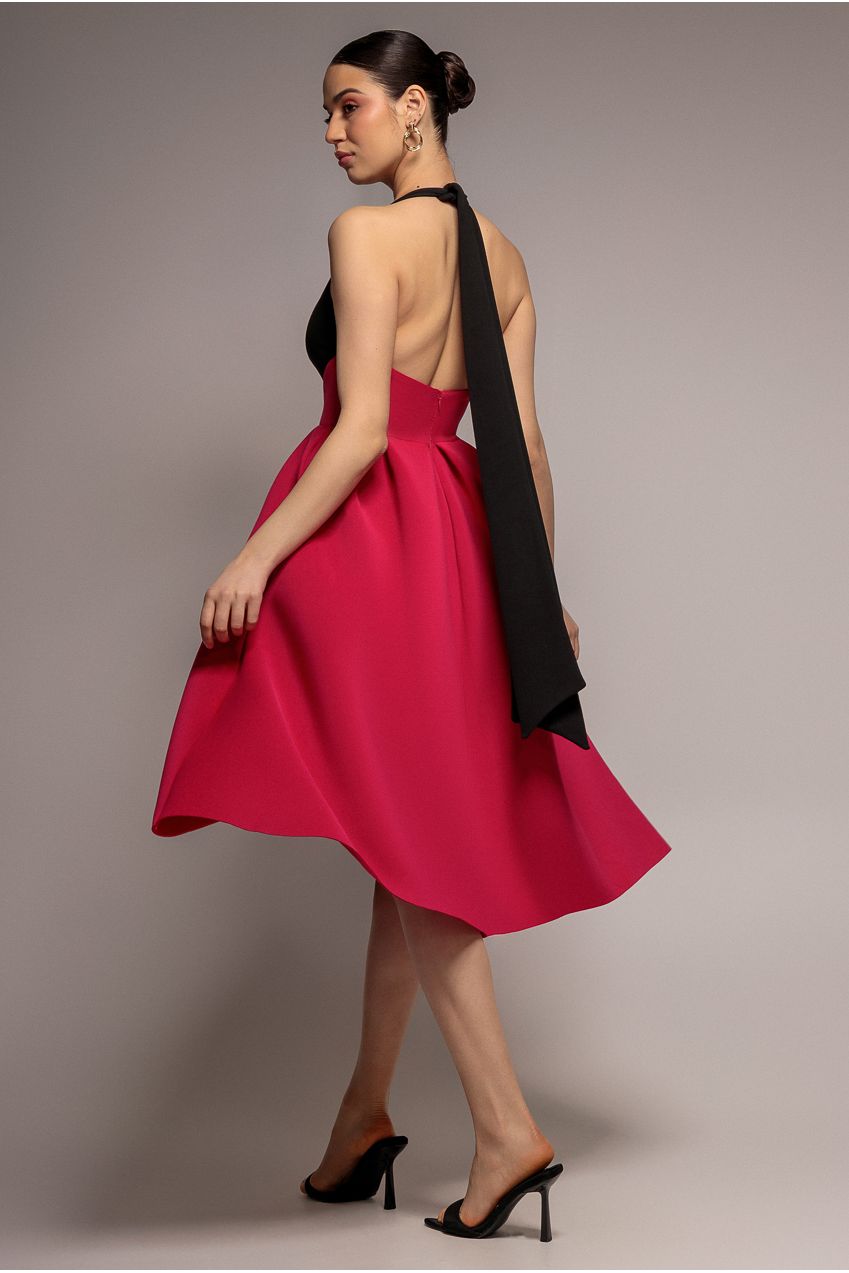 Goddiva Contrast Halter Neck Pleated A-Line Midaxi Dress - Black Magenta