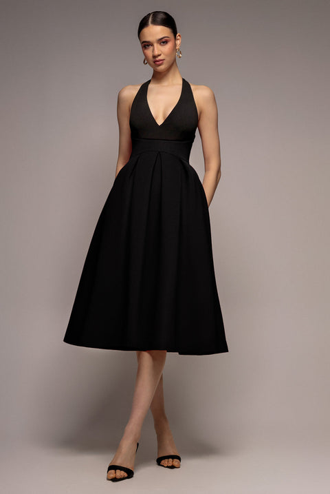 Goddiva Halter Neck Pleated A-Line Midaxi Dress - Black