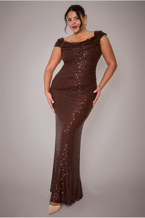 Goddiva Plus Cap Sleeve Iridescent Sequin Cowl Maxi Dress - Brown