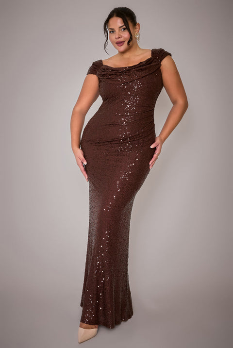 Goddiva Plus Cap Sleeve Iridescent Sequin Cowl Maxi Dress - Brown