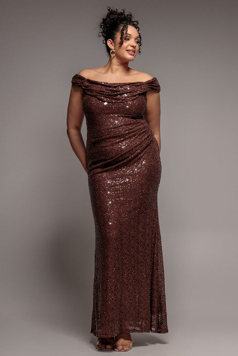 Goddiva Plus Cap Sleeve Iridescent Sequin Cowl Maxi Dress - Brown
