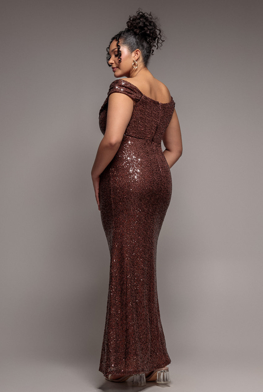 Goddiva Plus Cap Sleeve Iridescent Sequin Cowl Maxi Dress - Brown