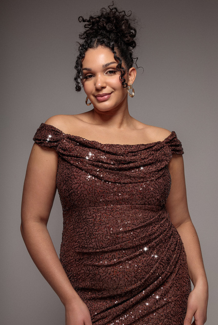 Goddiva Plus Cap Sleeve Iridescent Sequin Cowl Maxi Dress - Brown