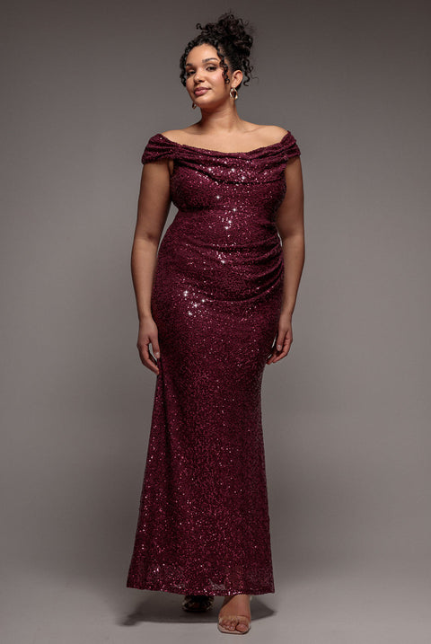 Goddiva Plus Cap Sleeve Iridescent Sequin Cowl Maxi Dress - Burgundy Red