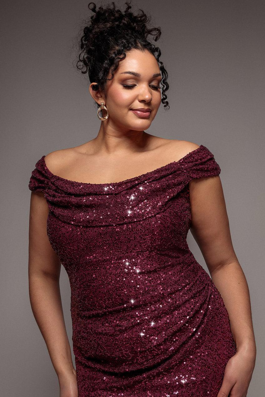 Goddiva Plus Cap Sleeve Iridescent Sequin Cowl Maxi Dress - Burgundy Red