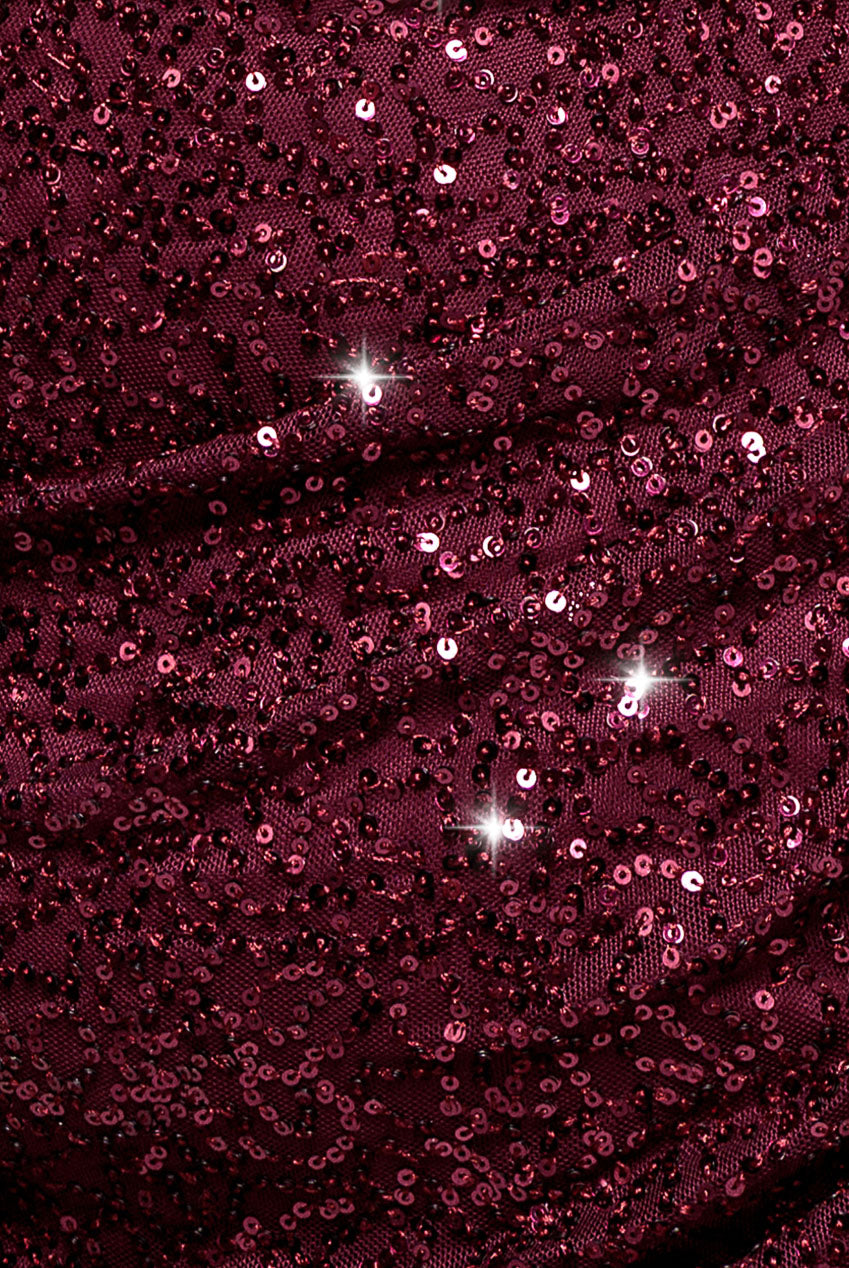 Goddiva Plus Cap Sleeve Iridescent Sequin Cowl Maxi Dress - Burgundy Red