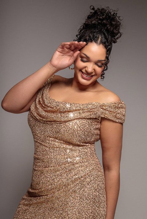 Goddiva Plus Cap Sleeve Iridescent Sequin Cowl Maxi Dress - Gold