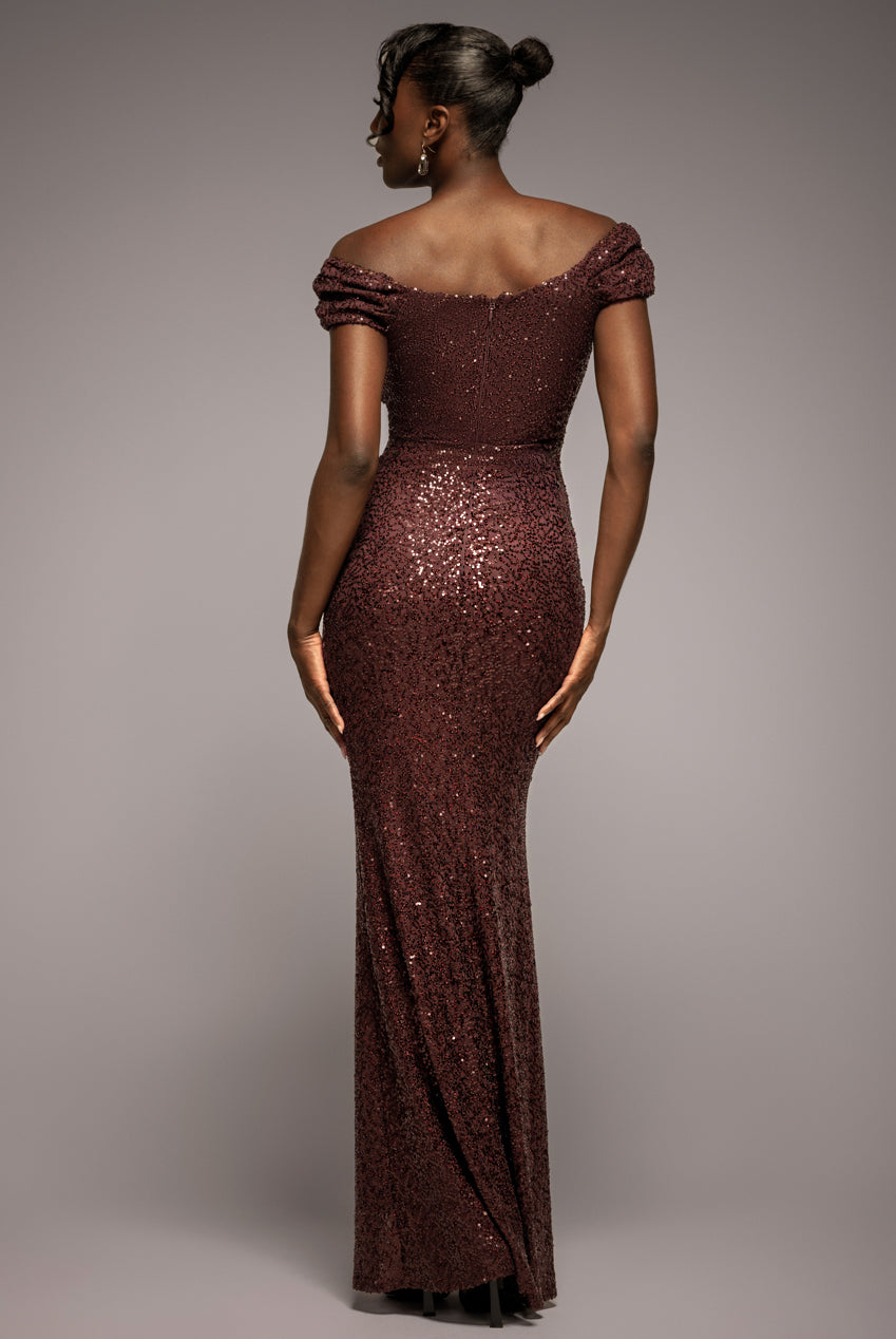 Goddiva Cap Sleeve Iridescent Sequin Cowl Maxi Dress - Brown