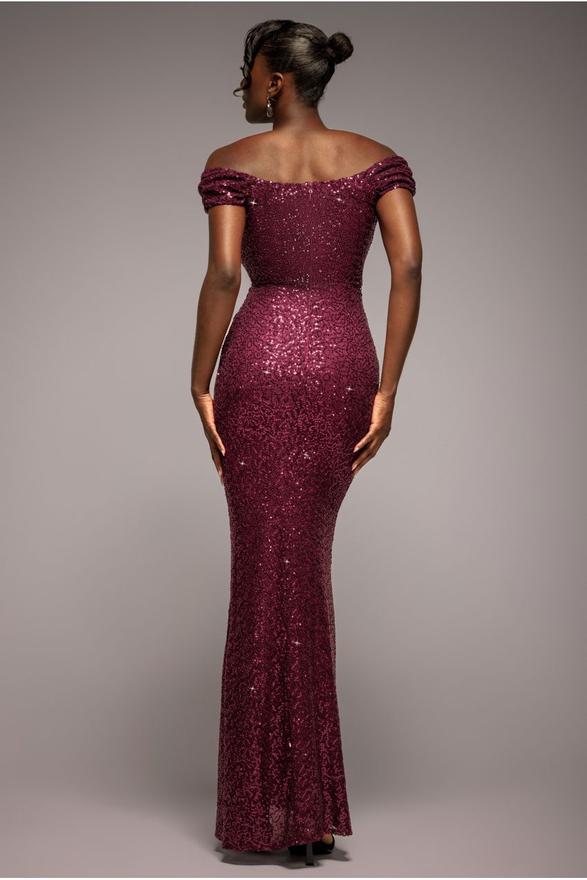 Goddiva Cap Sleeve Iridescent Sequin Cowl Maxi Dress - Burgundy Red