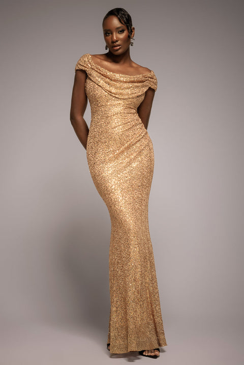 Goddiva Cap Sleeve Iridescent Sequin Cowl Maxi Dress - Gold
