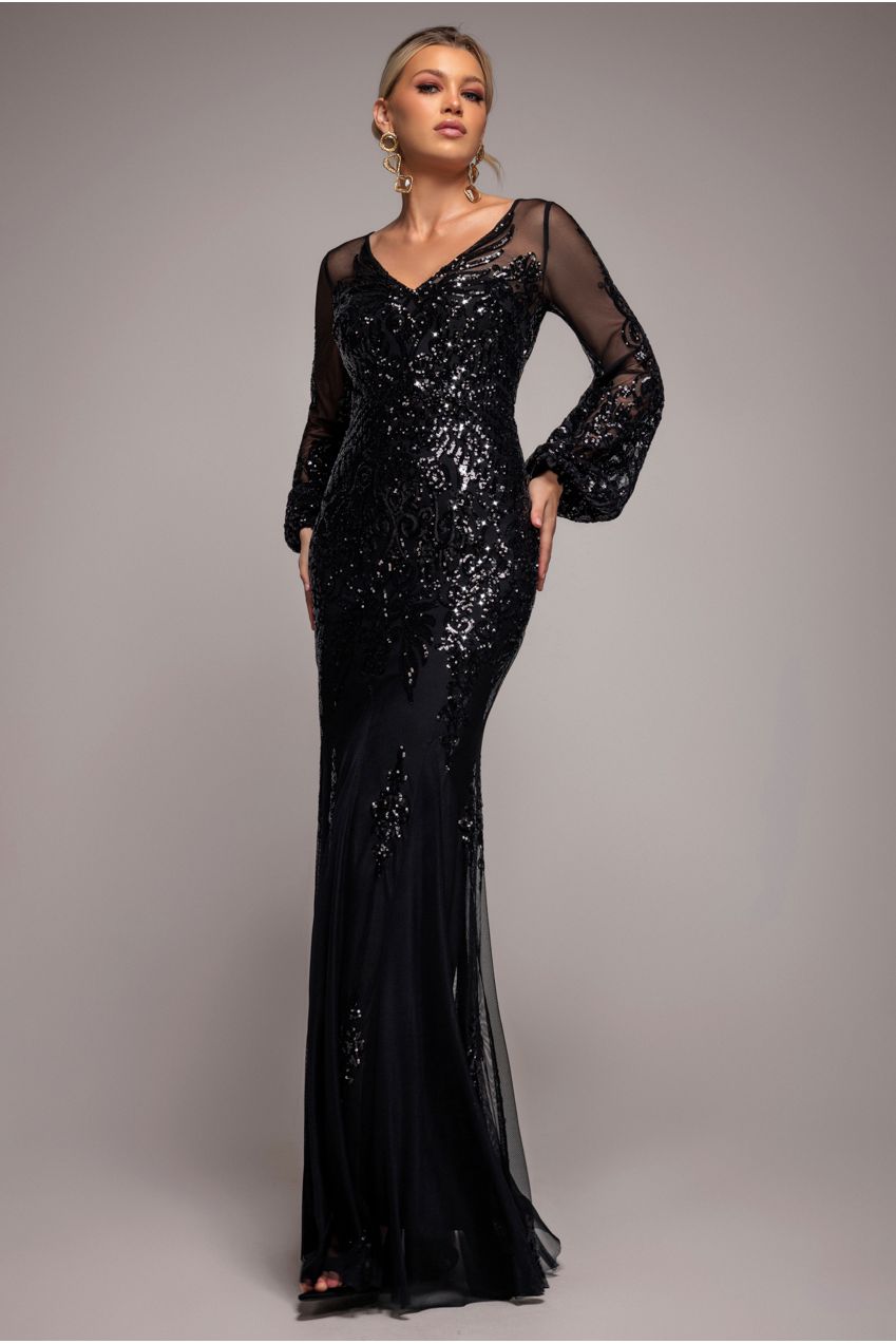Goddiva Embellished Sequin Bishop Sleeve Maxi Dress - Black