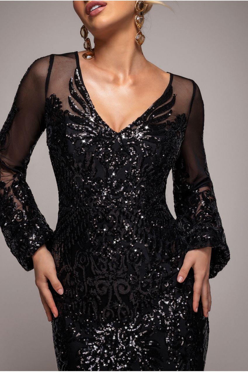Goddiva Embellished Sequin Bishop Sleeve Maxi Dress - Black