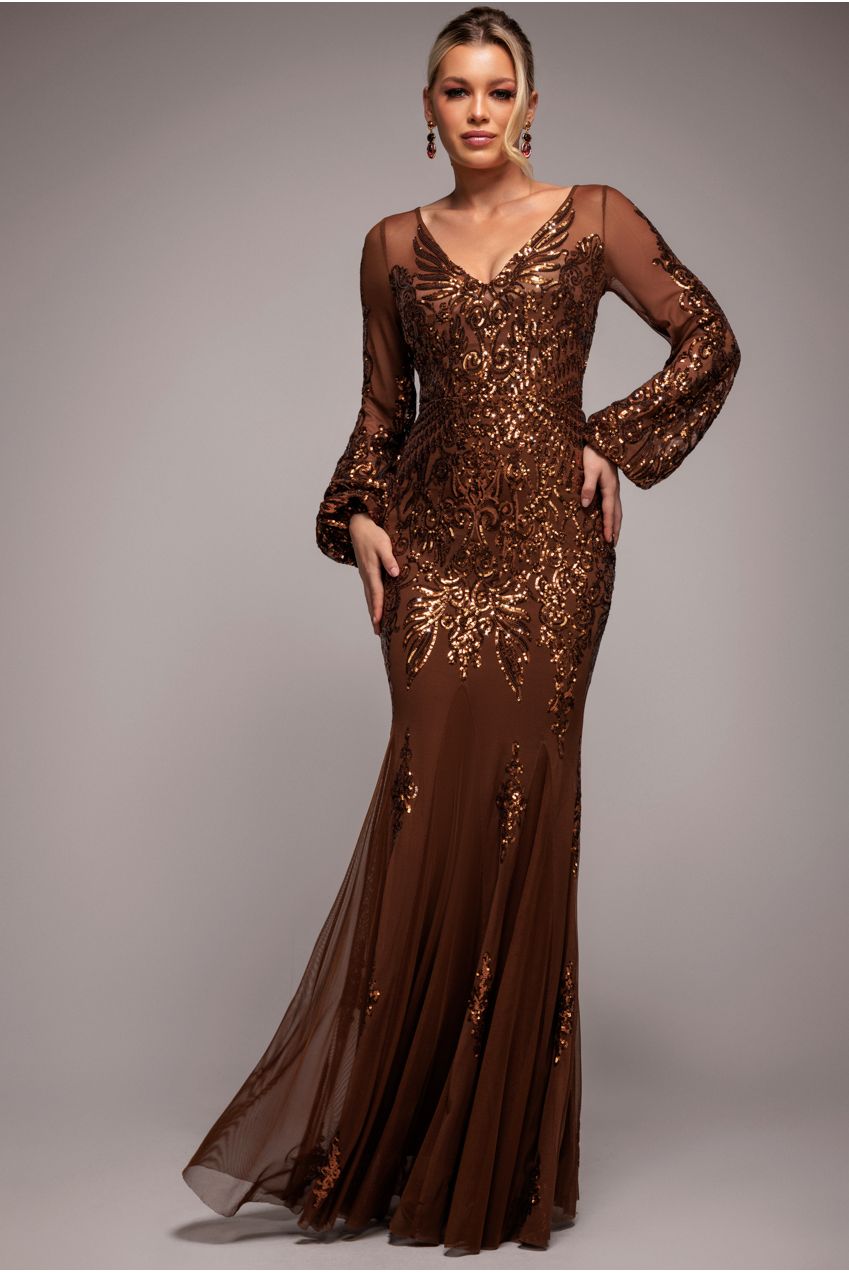 Goddiva Embellished Sequin Bishop Sleeve Maxi Dress - Bronze