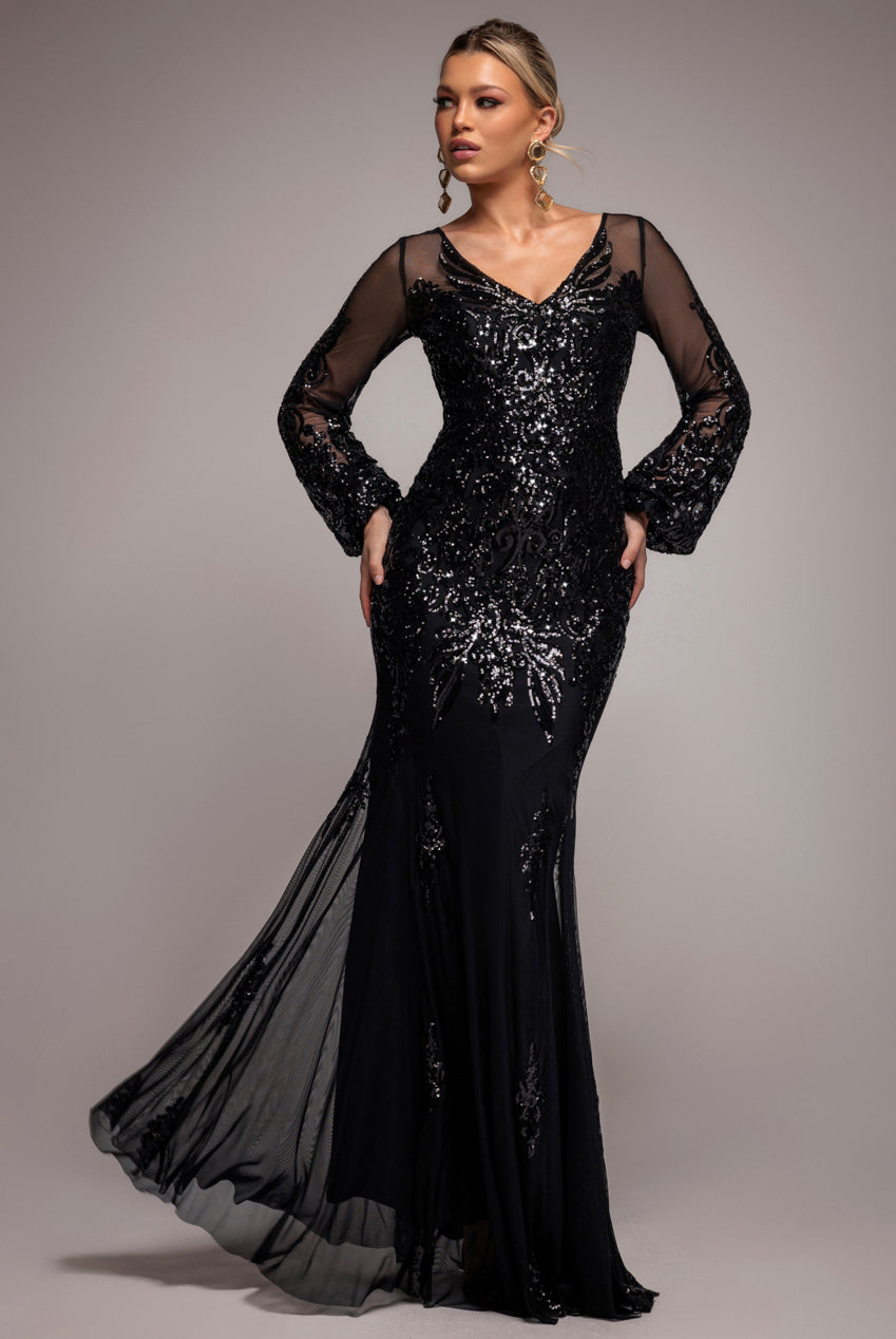 Goddiva Embellished Sequin Bishop Sleeve Maxi Dress - Black