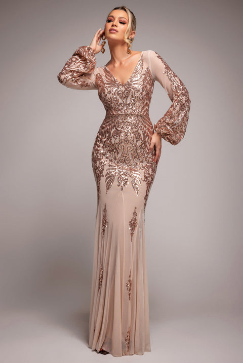 Goddiva Embellished Sequin Bishop Sleeve Maxi Dress - Champagne