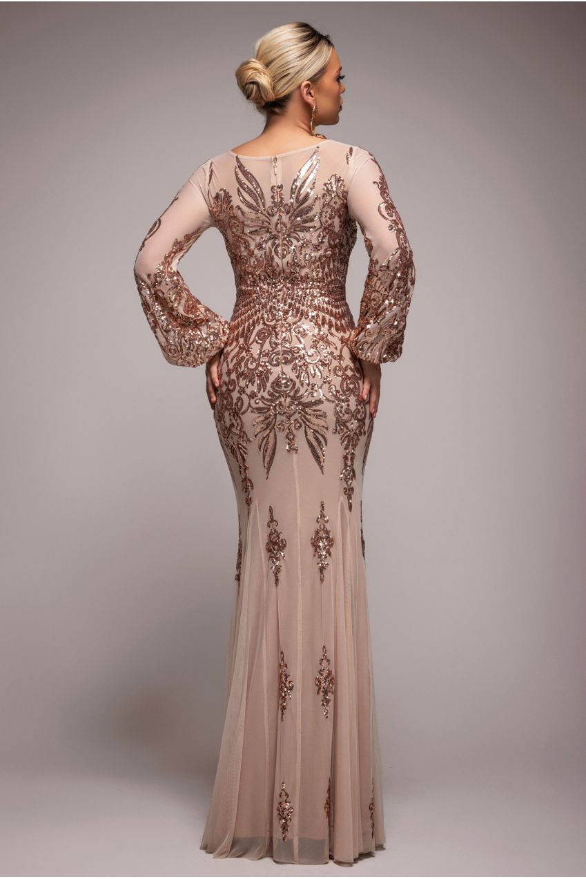 Goddiva Embellished Sequin Bishop Sleeve Maxi Dress - Champagne