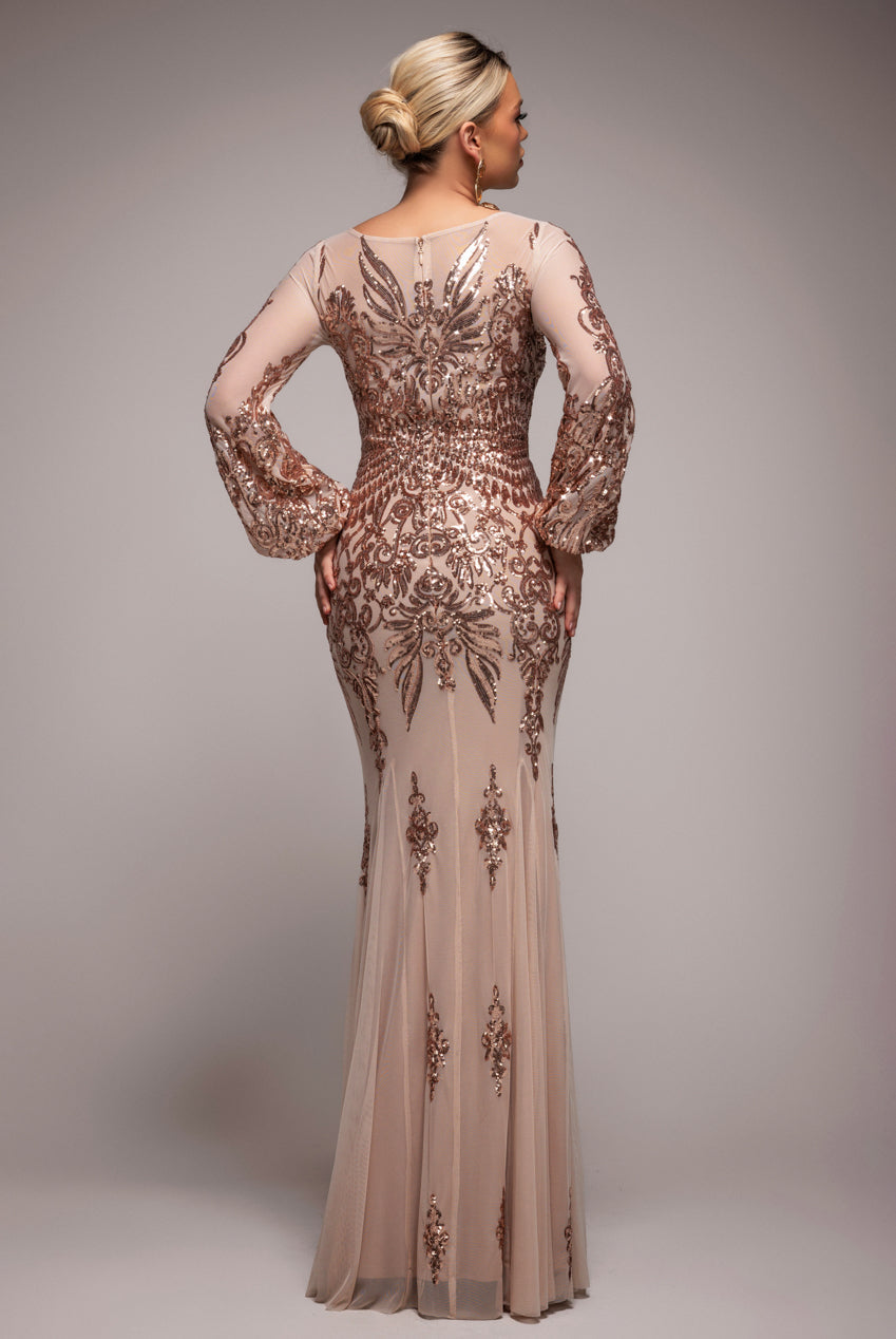 Goddiva Embellished Sequin Bishop Sleeve Maxi Dress - Champagne