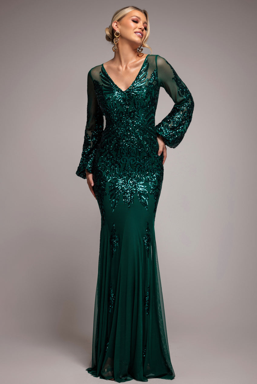 Goddiva Embellished Sequin Bishop Sleeve Maxi Dress - Emerald Green