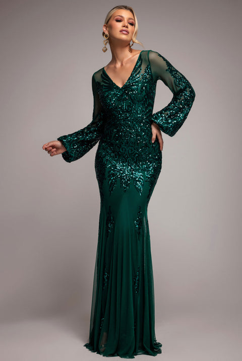Goddiva Embellished Sequin Bishop Sleeve Maxi Dress - Emerald Green