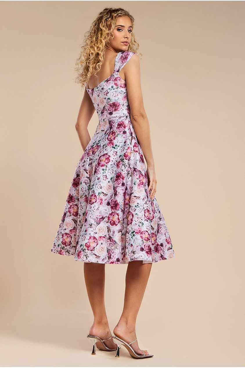 Goddiva Floral Print A-Line Sweetheart Midi Dress - Blush Pink