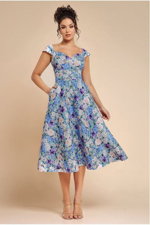 Goddiva Floral Print A-Line Sweetheart Midi Dress - Sage Green