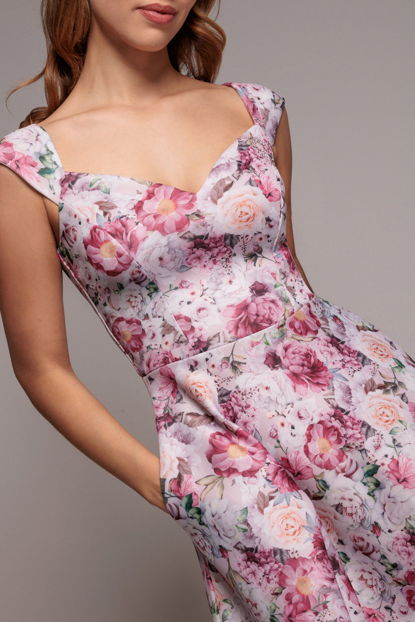 Goddiva Floral Print A-Line Sweetheart Midi Dress - Blush Pink