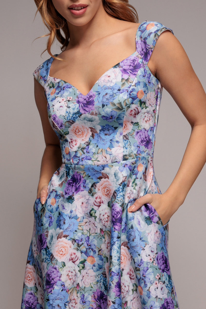 Goddiva Floral Print A-Line Sweetheart Midi Dress - Sage Green