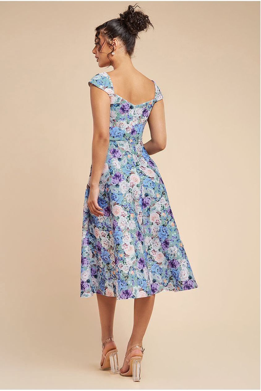 Goddiva Floral Print A-Line Sweetheart Midi Dress - Sage Green
