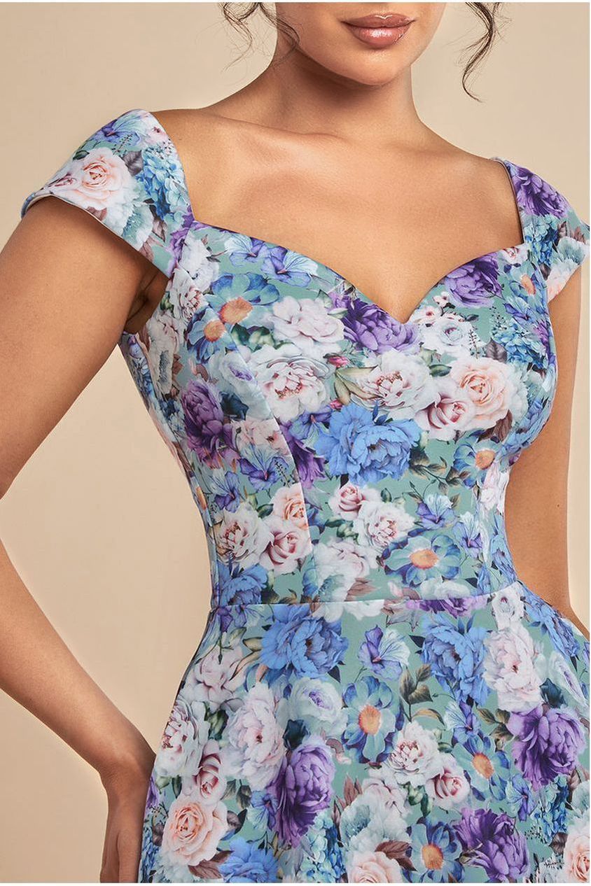 Goddiva Floral Print A-Line Sweetheart Midi Dress - Sage Green