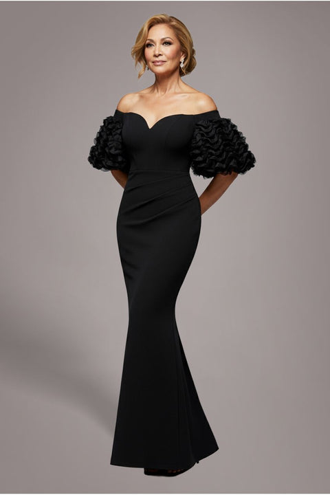 Goddiva Off The Shoulder 3D Puffed Sleeve Sweetheart Maxi Dress - Black
