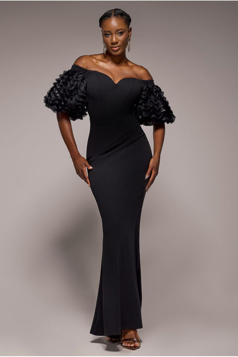 Goddiva Off The Shoulder 3D Puffed Sleeve Sweetheart Maxi Dress - Black